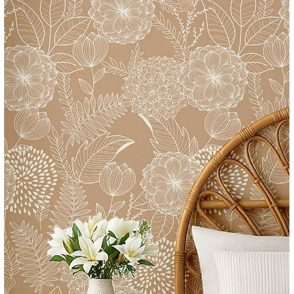 S4Sassy Removable Nature-Inspired Waterproof Wall Wrap, Finish Wallcover, Fine Line Floral Contact Paper For Walls, Cabinets, Dresser, Self Adhesive Vinyl Wallpaper Roll - Beige (25"X 60")