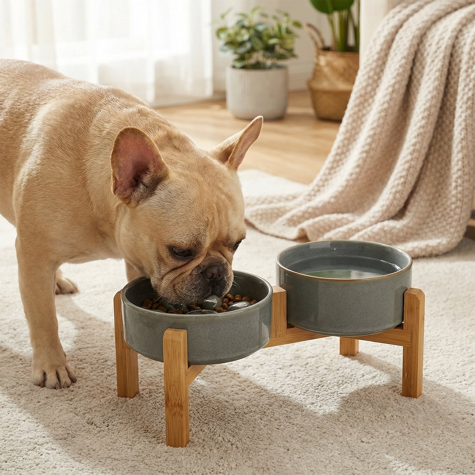 JoyPetto Elevated Ceramic Slow Feeder Water Bowl Set with Adjustable Bamboo Stand, 6.5" 6.1" 27oz Safe Feeder for Small Pets, Grey