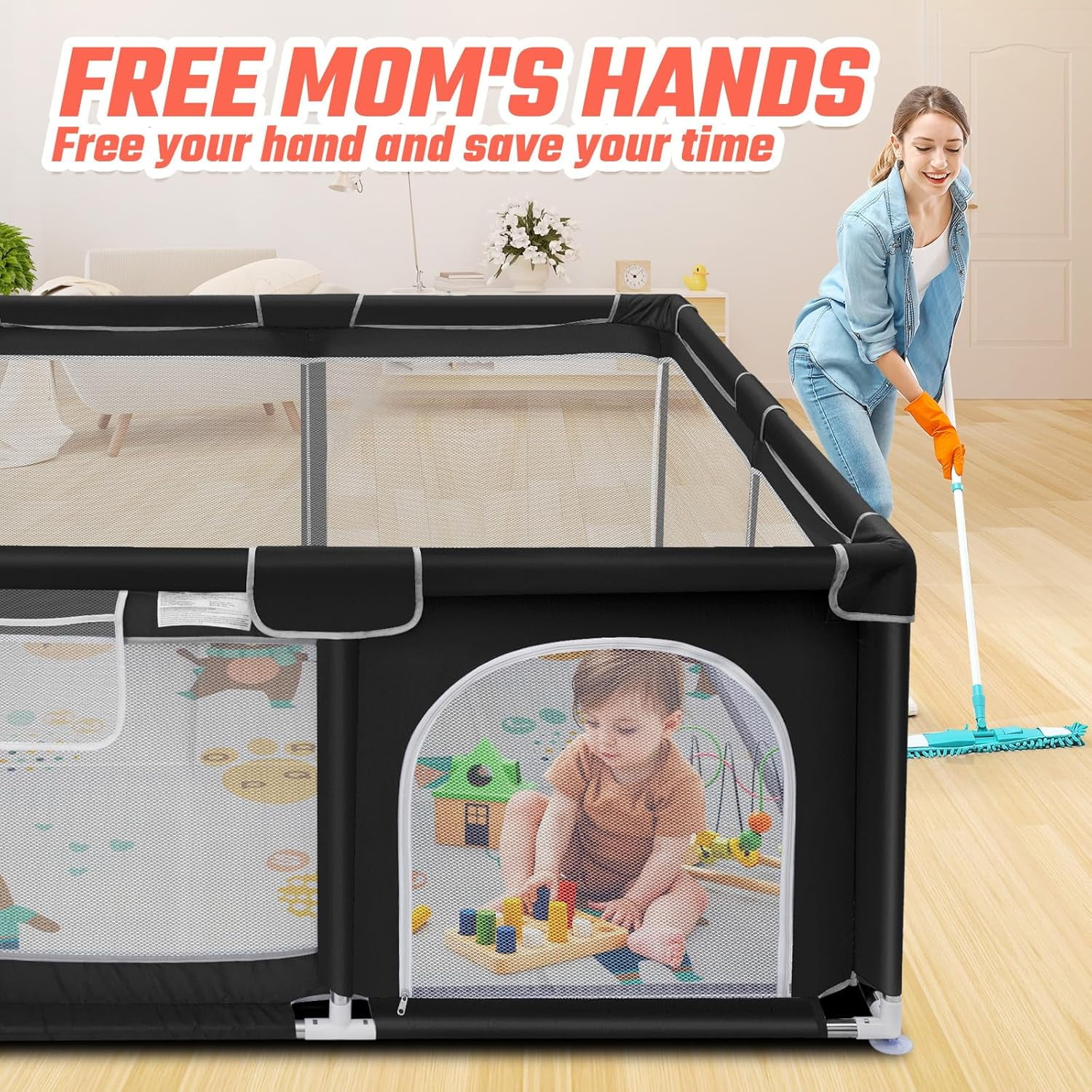 kmaier Baby Playpen, Large Indoor and Outdoor Play Yards, 360° Visibility , for Toddler-Black