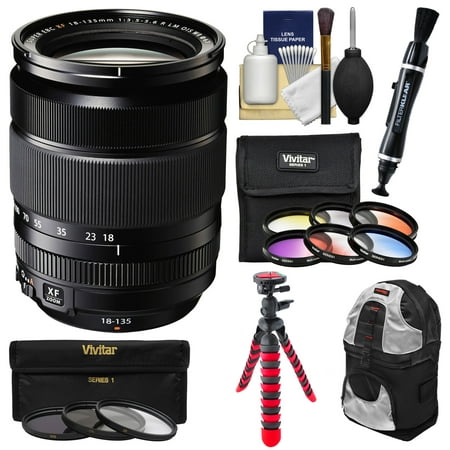 Fujifilm 18-135mm f/3.5-5.6 XF R LM OIS WR Zoom Lens with 3 UV/CPL/ND8 + 6 Colored Filters + Backpack + Tripod + Kit