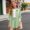 thumbnail image 4 of FAVIPT Outfits for Kids 2 Piece Sets Summer Long Sleeve Collared Button Shirts Drawstring Short Pants Casual Solid Sets Green,3 Years, 4 of 9