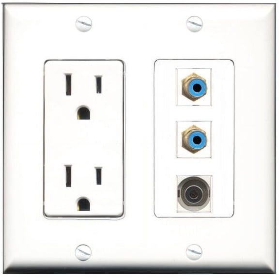 RiteAV - 15 Amp Power Outlet 2 Port RCA Blue 1 Port 3.5mm Decorative Wall Plate