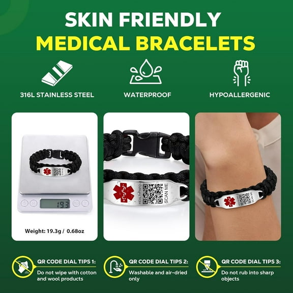 Medical ID Wristband with QR Code - Waterproof Nylon Bracelet for Emergency Info