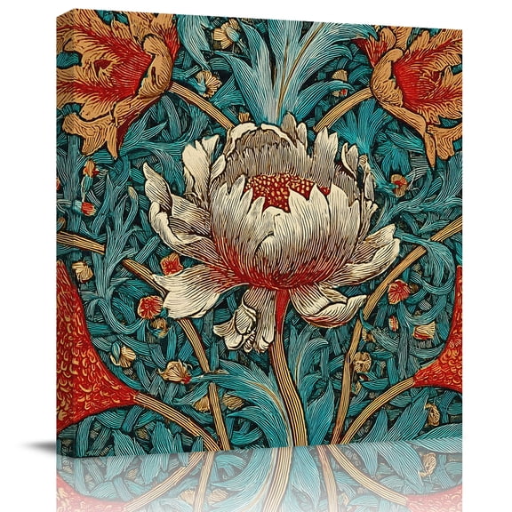 Wall Art Prints, William Morris Plant Floral Framed Canvas Prints for Bedroom Living Room Bathroom Office, Retro Lotus Flower Leaves Gallery Wrap Wall Art Poster for Gifts Home Decor 8"x8"
