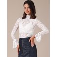 thumbnail image 2 of DARING DIVA Women's Lace High Neck Bell Long Sleeve Sheer Mesh Blouses S White, 2 of 6