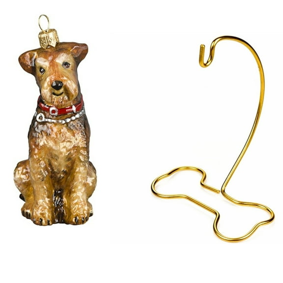 Airedale Dog Polish Glass Ornament And Dog Bone Shaped Brass Stand Set Of 2