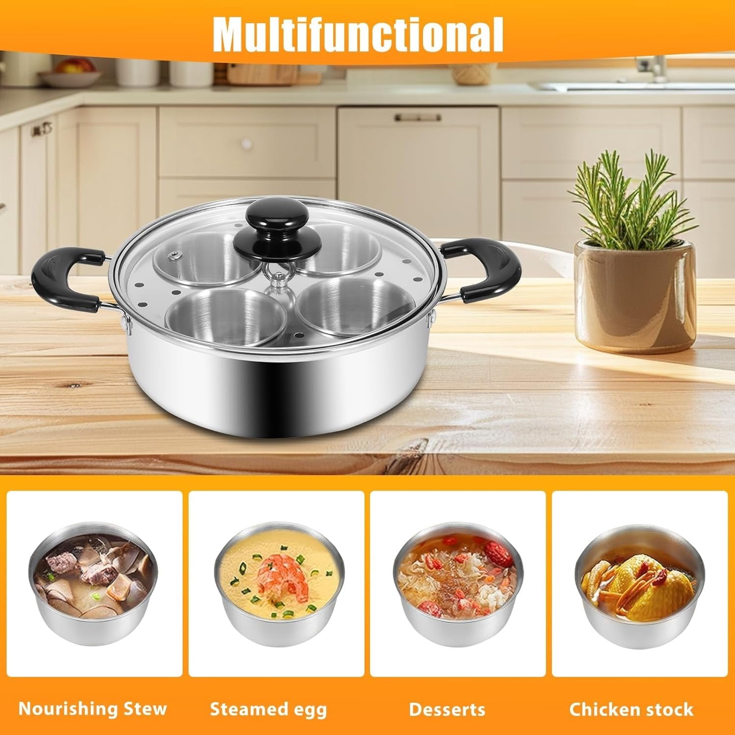 Egg Poacher, Stainless Steel Steamer with 4 Cups Poached Egg Maker, Induction Cooktop Steaming Pot for Steamed Eggs, Poached Eggs, Soups, Baby Supplements, Uncoated Non-Stick Pan