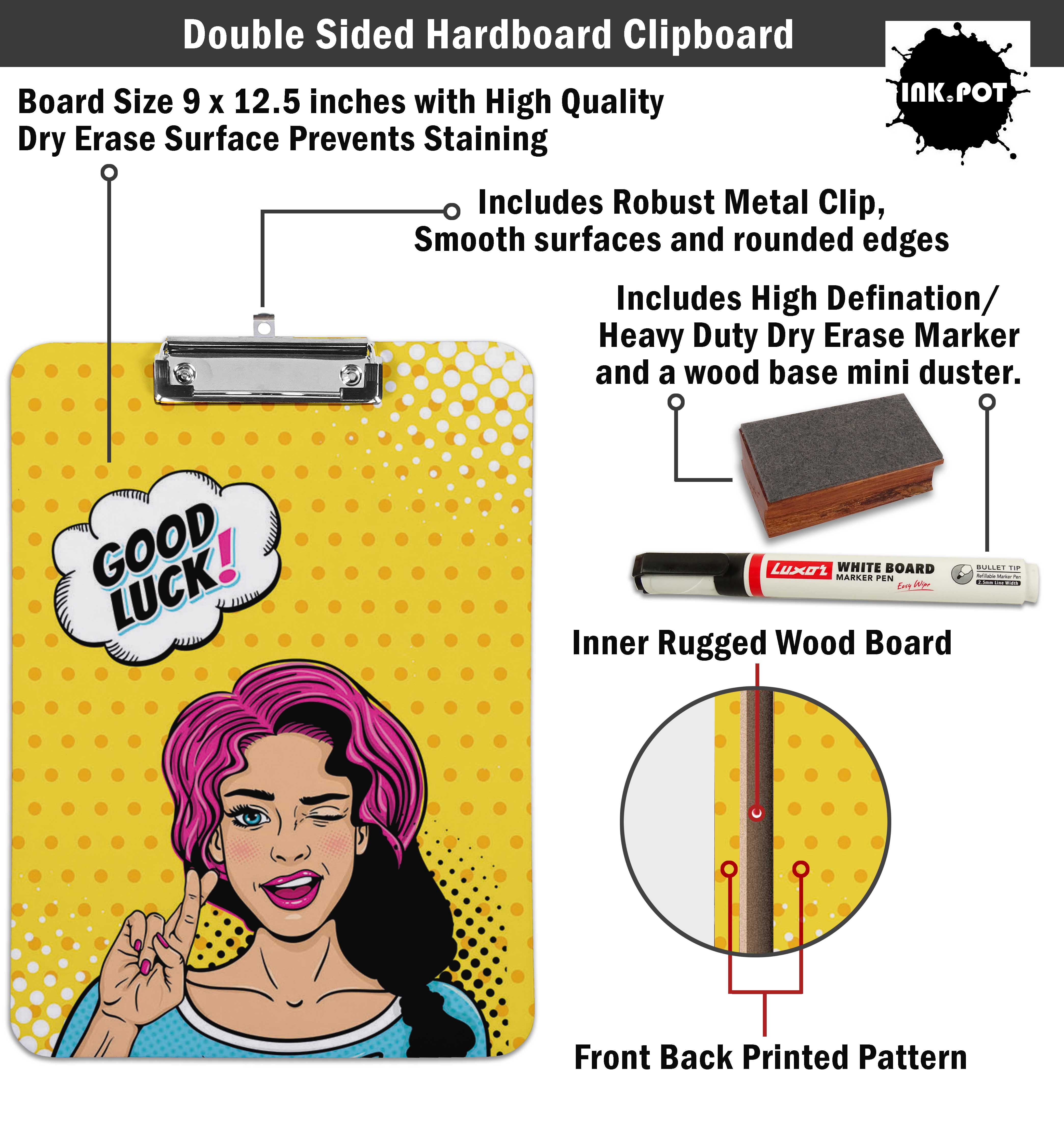 Inkdotpot Dry Erase Double Sided Clipboard Feminist Pop Art Printed Paperboard Clipboard With Free Marker & Duster