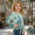 thumbnail image 3 of DISNIMO Girls Long Sleeve Shirts Peacock Flower Printed Casual Crew Neck Lace-up Pullover Tops Soft Casual Tee Shirt with with Tie Hem Loose Fits Blouse Tops, 3 of 8