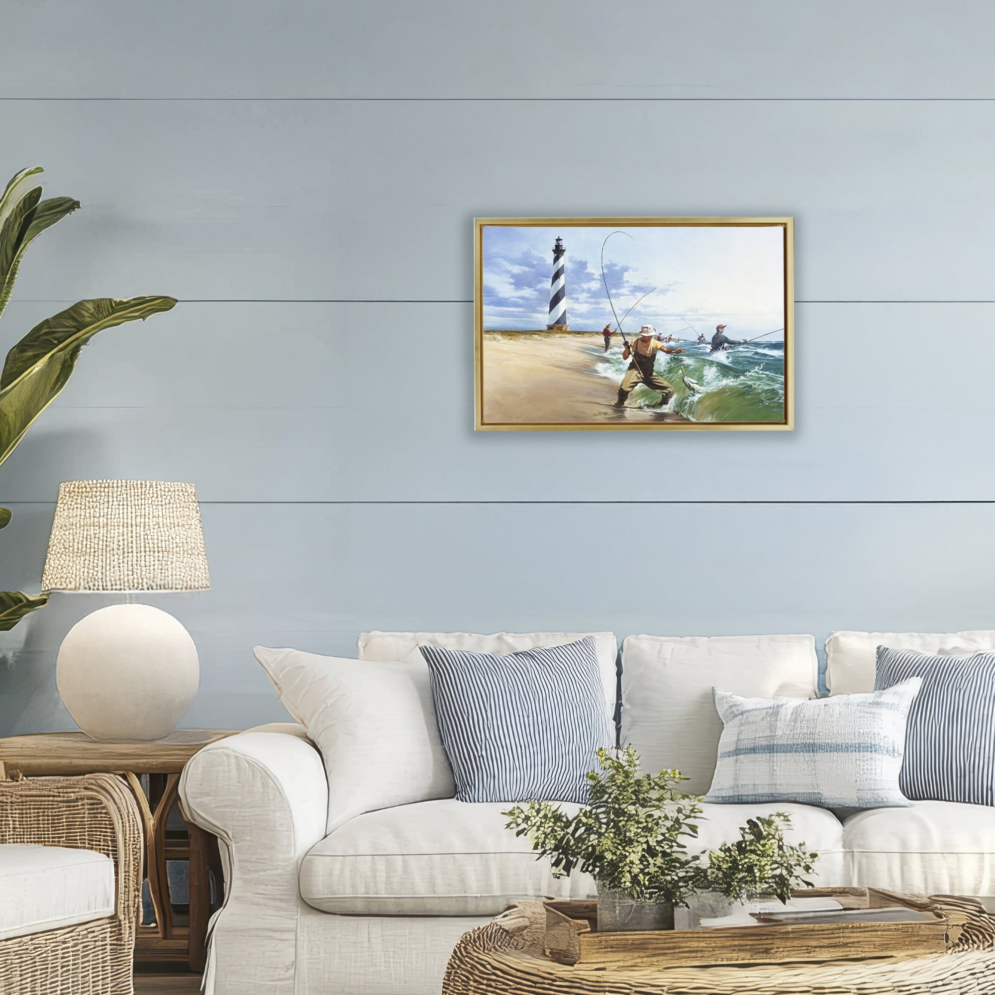 Cape Hatteras Fishermen Gold Framed Floater Canvas Wall Art, design by Wind River Studios