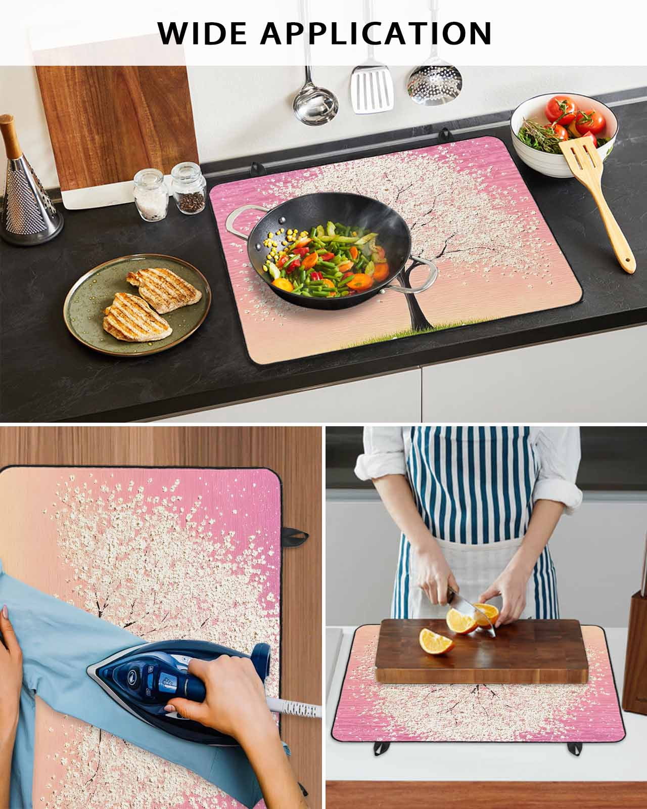 nqOlkjepod Large Induction Cooktop Protector Mat 24"x21", Cherry Blossom Stove Top Covers for Electric Stove, Leaves Pink Sky Retro Watercolor Art Stove Burner Cover Mats, Glass Top Stove Cover