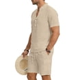 thumbnail image 3 of Eryao Men Casual Tracksuit Sets 2 Piece Short Sleeve Button V Neck Shirts Matching Elastic Waist Shorts with Pockets Summer Beach Lounge Outfits,Khaki,XXL, 3 of 8