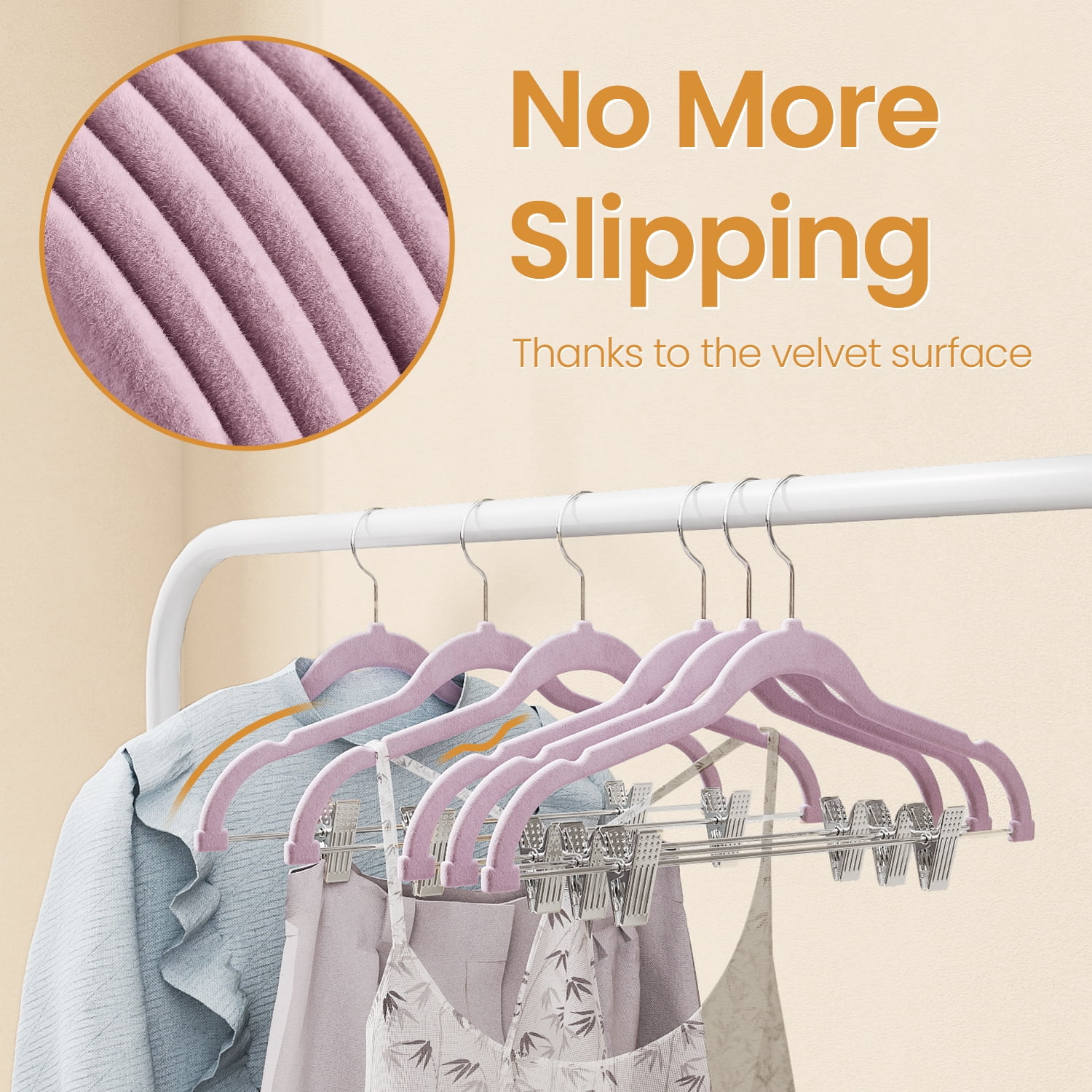 LEDREM 30-Pack Adjustable Velvet Hangers, Heavy-Duty Non-Slip Skirt Hangers, Pants Hangers with Movable Clips, Space-Saving for Dresses & Coats, Pale Purple