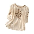 thumbnail image 3 of Dazajoo Womens Linen Embroidered Tops 3/4 Sleeve Boho Ethnic Style Peasant Tee Dressy Casual Round Neck Vintage Shirts,Beige,L, 3 of 9