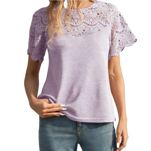 ClodeEU Women's Fashion Lace Panel Top ,Comfortable Raglan Sleeve Round Neck Tee Purple,Womens Plus S