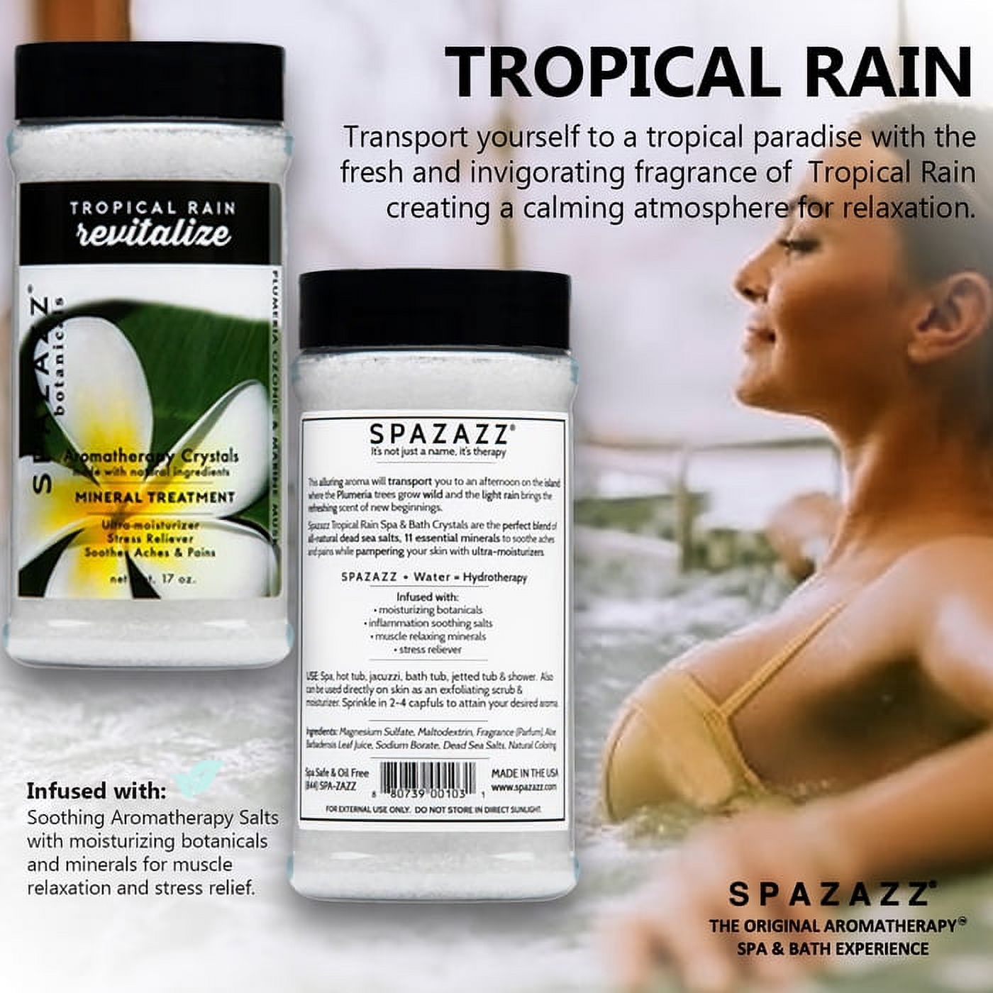 Spazazz Hot Tub Aromatherapy Bath Salt Crystals 3-Pack Bundle - Eucalyptus Mint Stimulate - Tropical Rain Revitalize - Honey Mango Arouse - Botanicals Collection Scents For Relaxing In Spas  (17 oz)