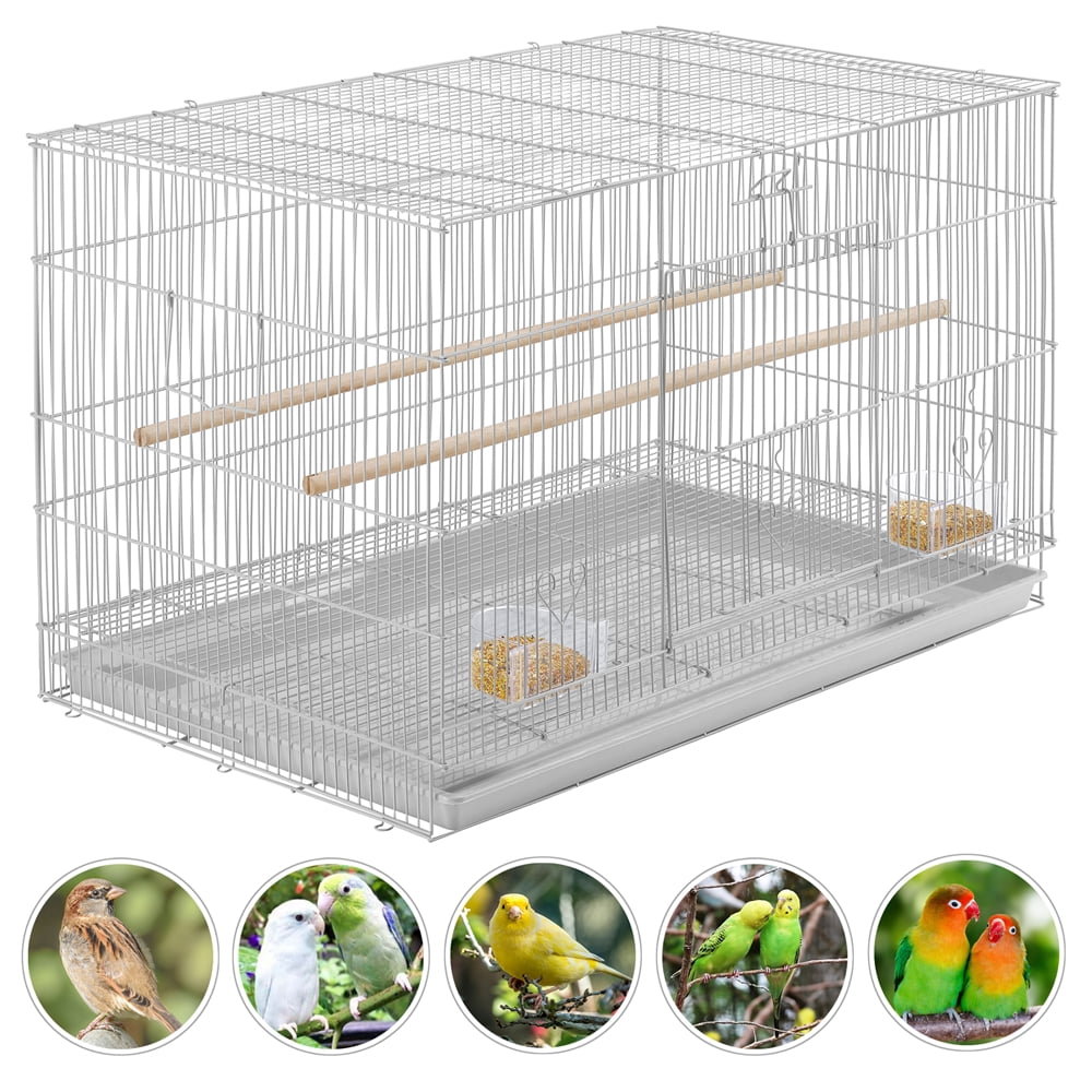Alden Design 30" Bird Cage with Slide-Out Tray and Wood Perches, Light Gray
