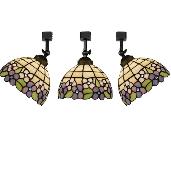 KAYYELAMP 3-Pack J-Type Track Head Lighting Adjustable Angle Tiffany Ceiling Light Purple Flower Pattern Glass Handmade Antique Track Light Fixture For Gallery Mirror Front