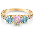 thumbnail image 3 of Gem Stone King 2.45 Ct Oval Cabochon Pink Simulated Opal Blue Zircon 18K Yellow Gold Plated Silver Ring (Size 8), 3 of 6