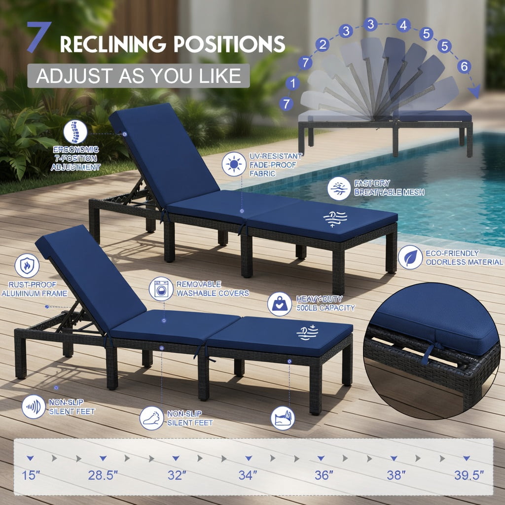 Hommoo Adjustable Height Outdoor Rattan Lounge Chair with Cushion, PE Wicker Patio Chair for Poolside, Garden & Porch, Navy & Off-White