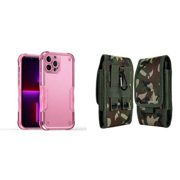 Case with Belt Holster Bundle for iPhone 14: Slim EX Hybrid Series Shockproof Case (Pink) and Vertical Rugged Nylon Phone Pouch (Green Camo)