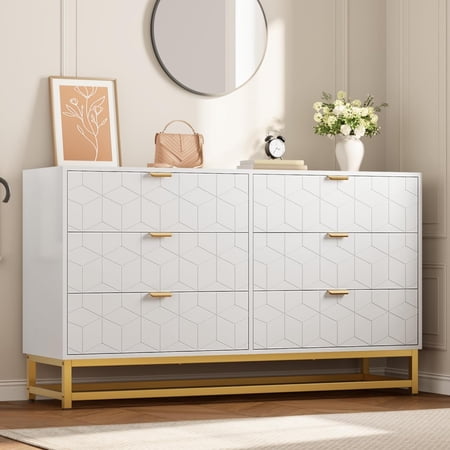 EastVita 53.5 inch Wide Modern 6 Drawer Dresser Wide Chest with Gold Metal Legs and Handles Wood Storage Organizer for Bedroom Living Room Hallway White