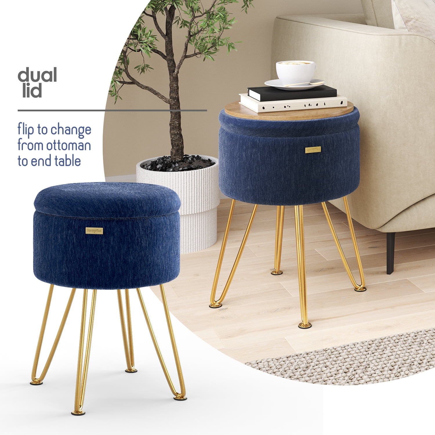 Hearth & Harbor Round Ottoman with Storage, Luxurious Foot Stool and Chic Vanity Stool with Storage, Elegant Textured Velvet Blue