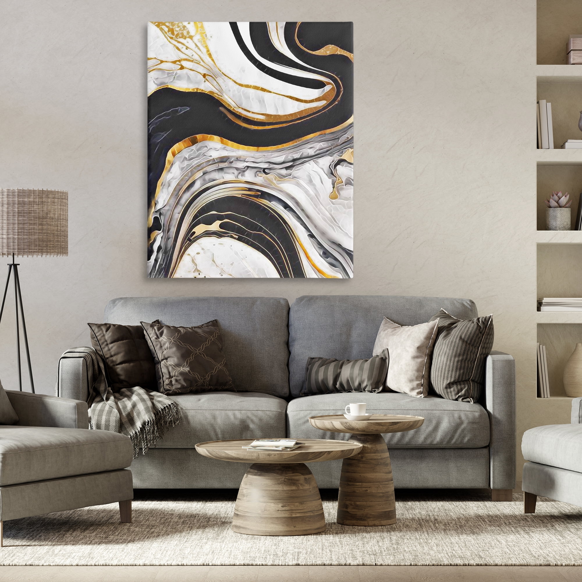Stupell Industries Marbled Fluid Gold Accent Abstract Painting Wrapped Canvas Art Print Wall Art, 36 x 48