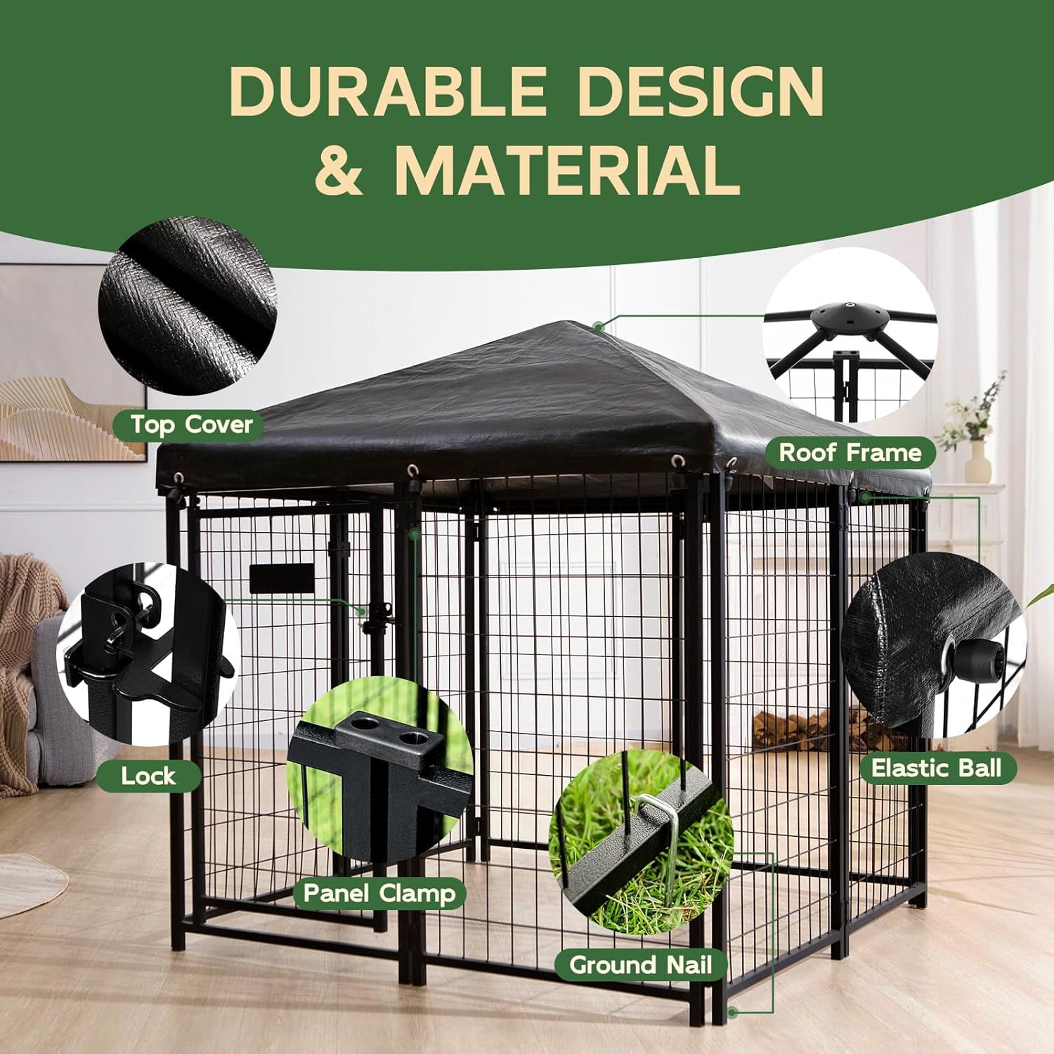Abba Patio Outdoor Dog Kennel 4ft x 4ft x 4.8ft w/ Waterproof Cover and Lockable Gate, Black