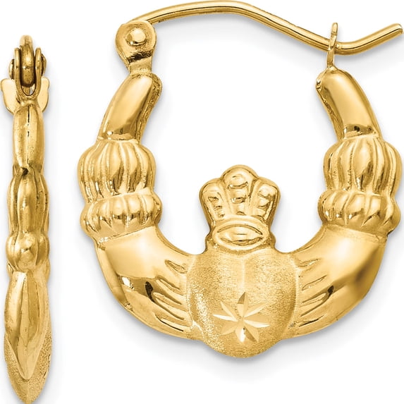 14K Yellow Gold Polished And Satin Claddagh Hoop Earrings (10 X 3) Made In Indonesia te419