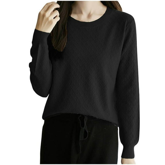 Sweaters For Women Solid Color Casual Loose Base Knitted Crew Neck Winter Black Sweaters Blouse (M)