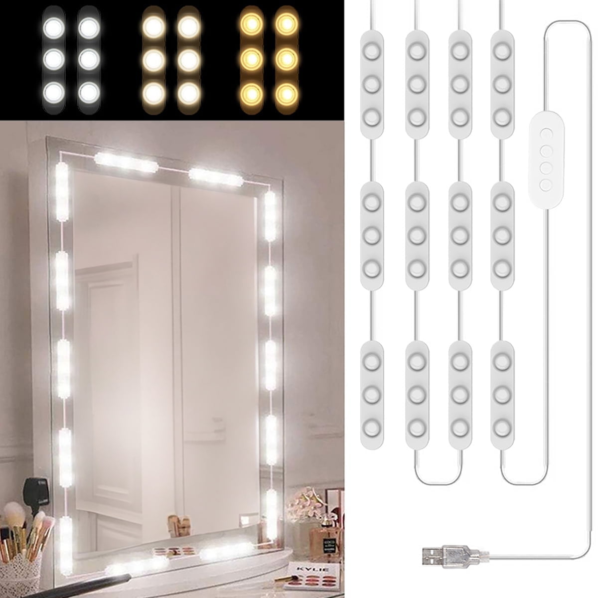 60 LED Vanity Lights for Mirror, OGEDNAC Hollywood Style Makeup Strip Lights 16ft, Adjustable Color & Brightness, USB Cable