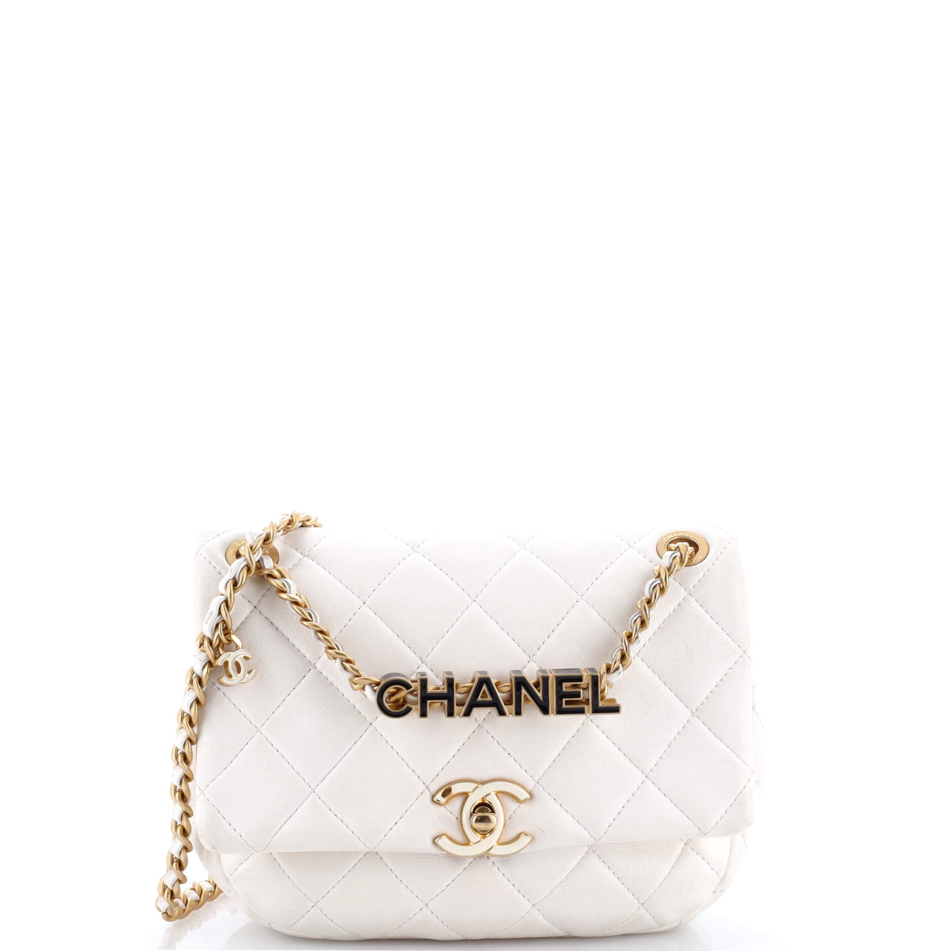 Pre-Owned CHANEL Enamel Logo CC Chain Flap Bag Quilted Lambskin Small By Rebag