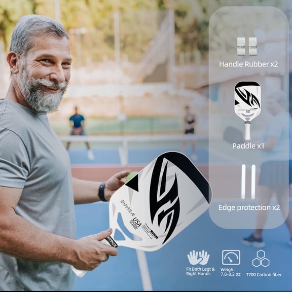 HTPICK Pickleball Paddle HT-RY0025 White Black Frosted Finish Hot-Pressed Integrated Molding UV Printed T700 Carbon Fiber 7.8-8.2 oz 1 Pack