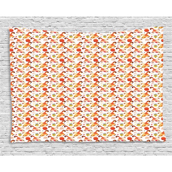 Dogs Tapestry, Hand Drawn Faces of Cute Funny Dogs in Cartoon Style with Colorful Dots and Doodles, Wall Hanging for Bedroom Living Room Dorm Decor, 80W X 60L Inches, Multicolor, by Ambesonne