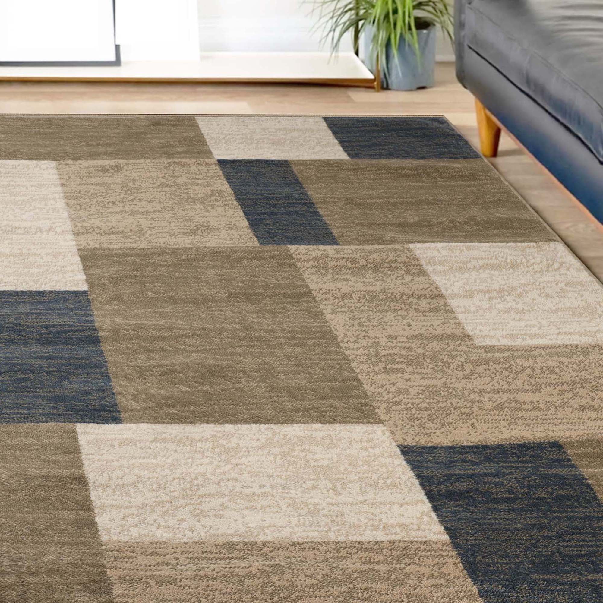 Superior Modern Geometric Fire Retardant and Anti-Static Indoor Area Rug, 8'x10', Beige-Blue
