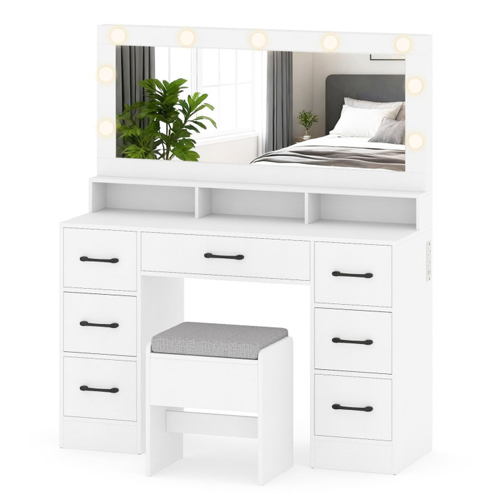 Furnibear Vanity Desk with Mirror and Lights and Cushioned Stool and Power Outlets USB Ports for Bedroom Makeup Room, White