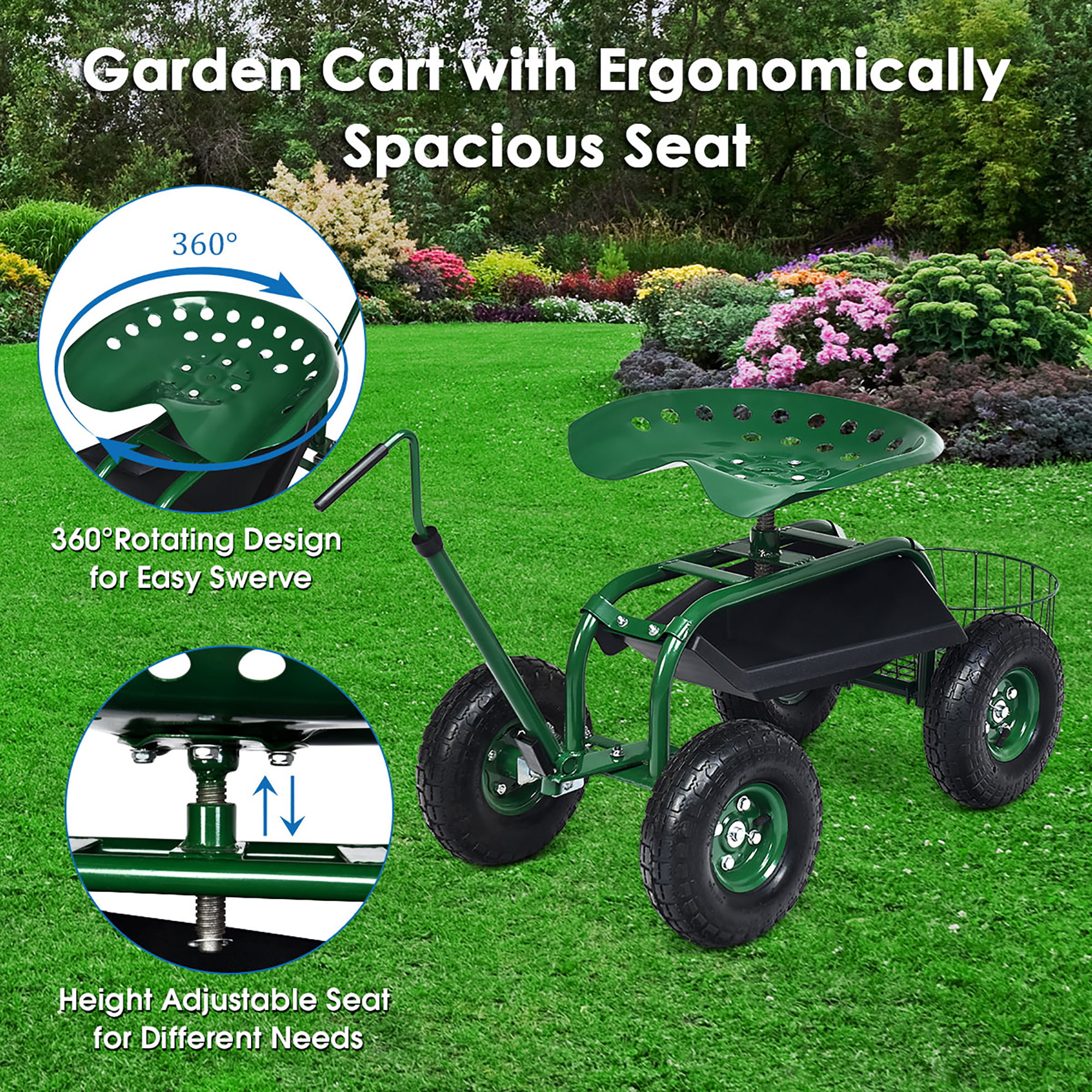 Green COSTWAY DR-2635GN-GT Garden Cart Rolling Work Seat Outdoor Lawn Yard Patio Wagon Sc 