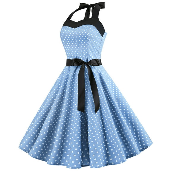 Fesfesfes Womens A Line Flare Dress Vintage Casual Dress Halter BowKnot Prom Swing Dress Short Sleeve Polka Dot Printing Party Dress