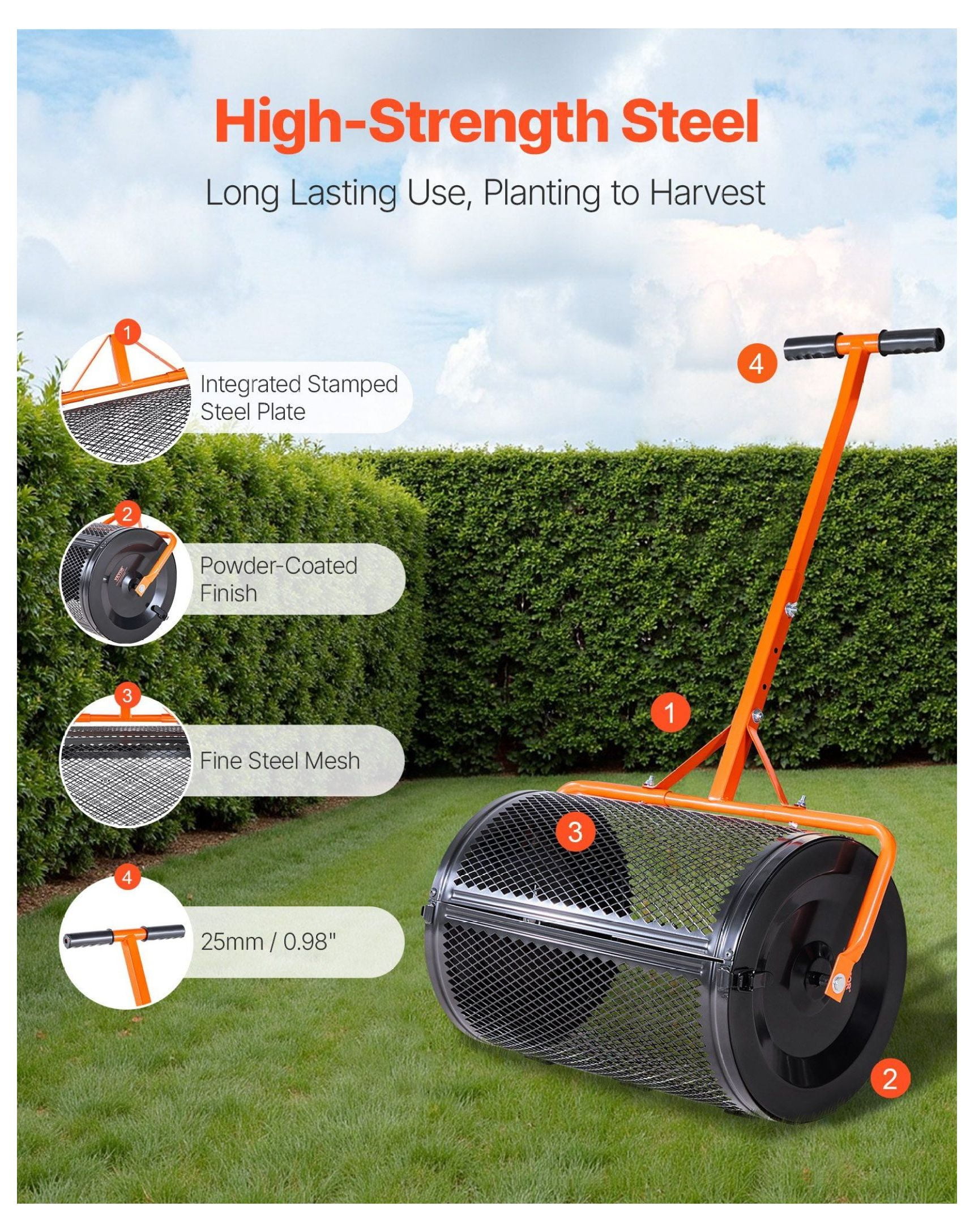 Compost Spreader 24 Inch, Peat Moss Spreader with Adjustable Handle, Heavy Duty Garden Seed Spreader for Lawn & Farm, Steel Roller, 2.66 cu ft Capacity