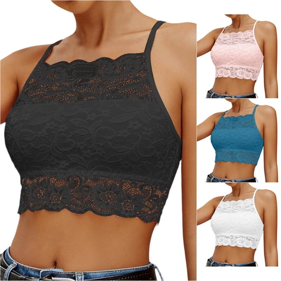 VNKIDY Womens High Neck Thin Spaghetti Strap Allover Floral Scalloped Lace Built In Pads Slim Fit Casual Bralette Camisole For Ladies Daily Shopping Underlayer Daily Wear L