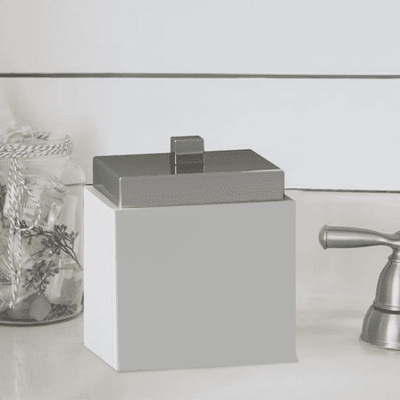 Pure Ceramic Vanity Jar | Stylish Storage for Cotton Swabs,Rounds,Balls,Sponges & Bath Salts | Decorative Canister for Bathroom, Bedroom | Stainless Steel Trim Finish