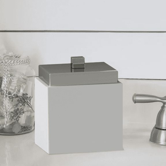 Pure Ceramic Vanity Jar | Stylish Storage for Cotton Swabs,Rounds,Balls,Sponges & Bath Salts | Decorative Canister for Bathroom, Bedroom | Stainless Steel Trim Finish