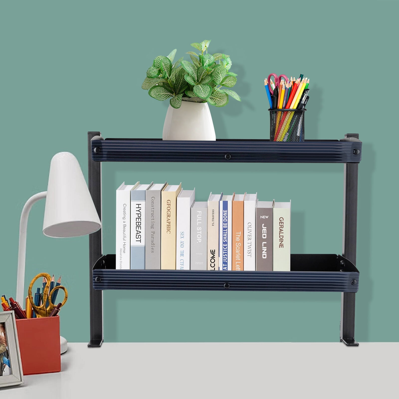 Desktop or Under-Desk Shelf Clamp-on 2-Tier Shelving W/ Adjustable Storage Tray