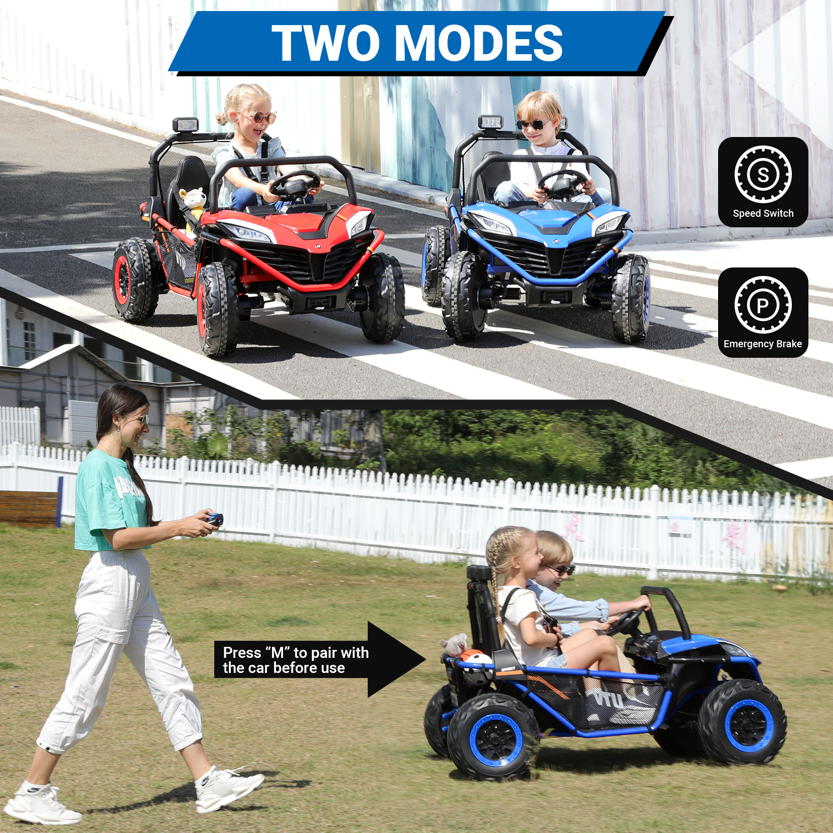 24V Kids Ride on Car, 2 Seater 10Ah Powered on Truck,4*200W Motor Electric Vehicles with Remote Control,Up to 5mph,Spring Suspension UTV for 3-8 Boys Girls,Blue