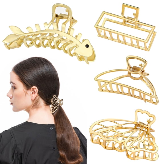 DAYUP 4 Pack  Metal Hair Claw Clips, Gold  Fashion Hair Clips for Women Thin Thick Curly Hair Non-Slip Jaw Clips