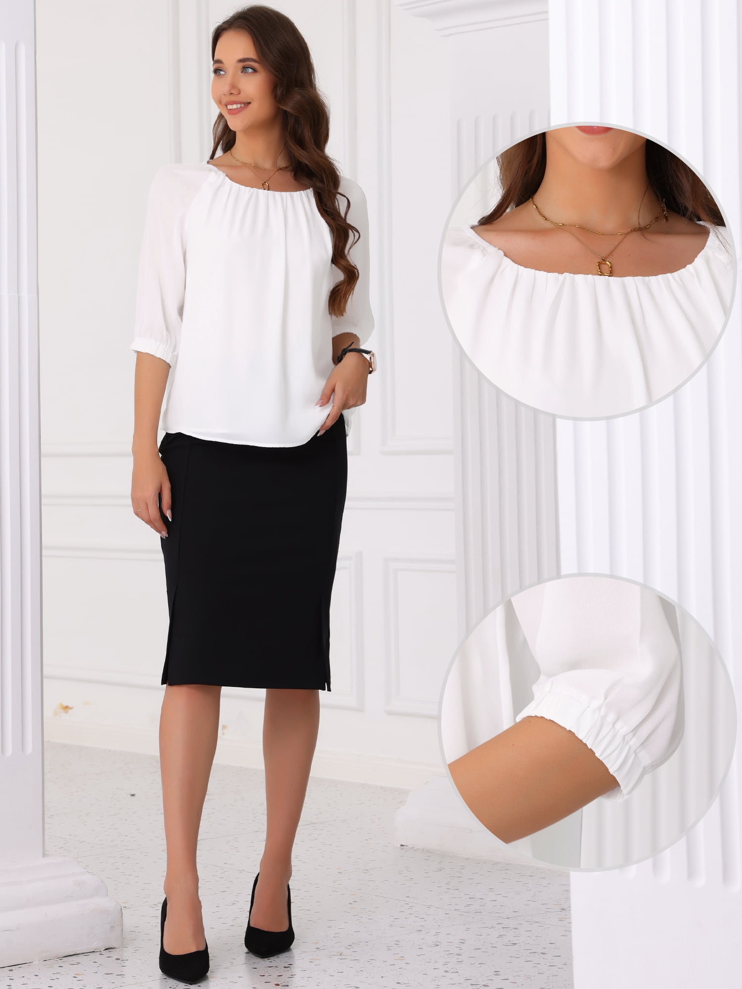 DARING DIVA Women's Office Half Sleeve Crew Neck Dressy Casual Tops S White