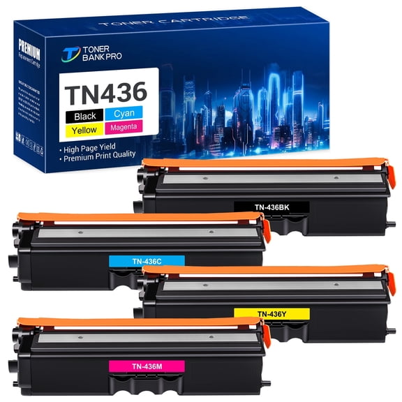 Toner Bank 4-Pack TN436 TN433 Toner Compatible Cartridge for Brother TN-436BK TN-436C TN-436M TN-436Y HL-L8360CDW L8360CDWT L9310CDW MFC-L8900CDW L9570CD Printer Ink Black, Cyan, Magenta, Yellow