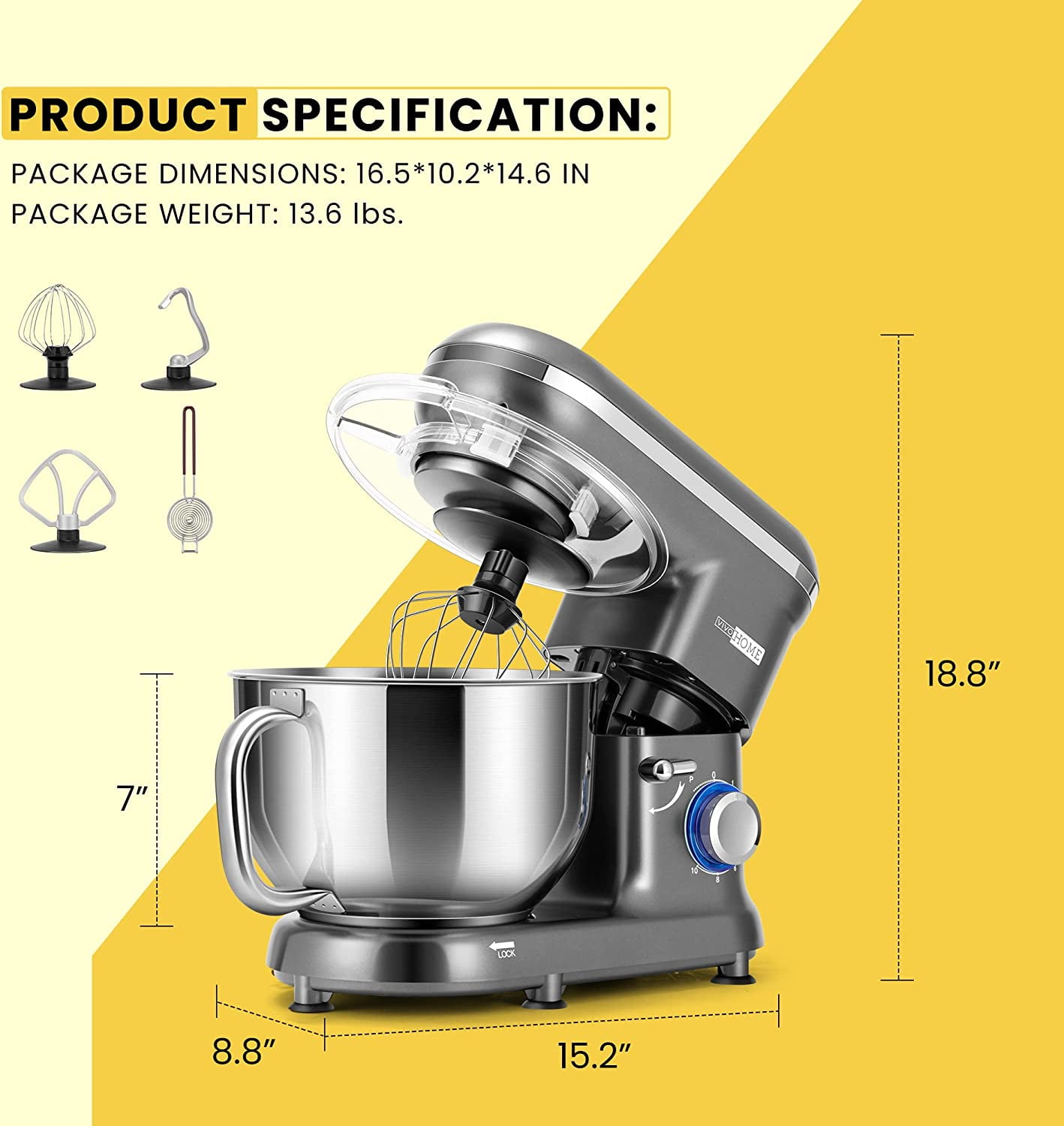 SPECSTAR Stand Mixer, 660W 10 Speed 6 Quart Tilt-Head Kitchen Electric Food Mixer with Beater, Dough Hook, Wire Whip and Egg Separator, Gray