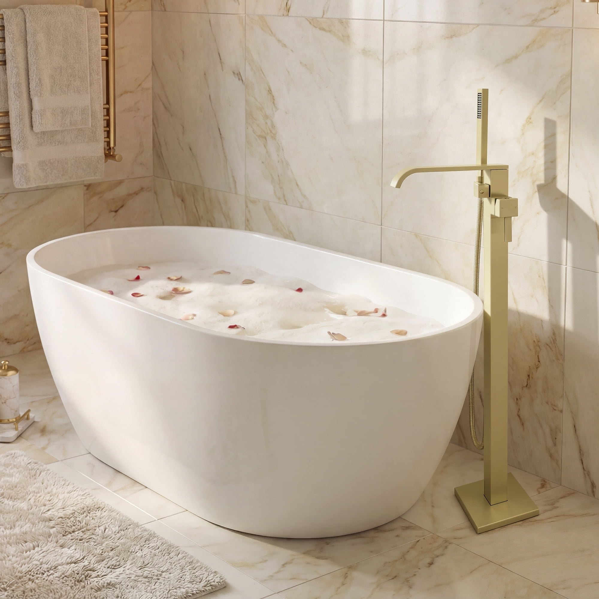 Free Standing Tub Faucet, High Flow Freestanding Bathtub Faucet with Waterfall Spout & Handheld Shower, 360°Swivel Tub Filler, Brass Body, Brushed Gold